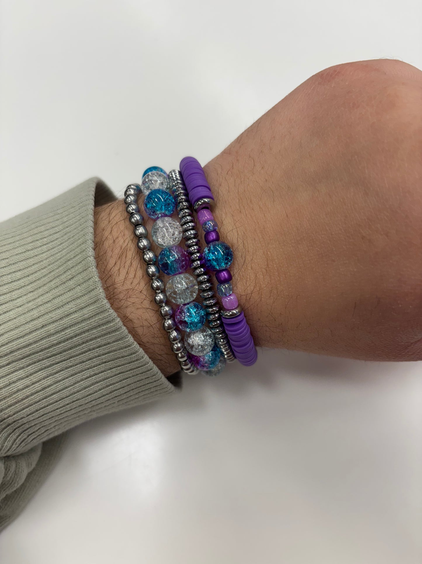 Purple & Silver Bracelet Set - Handmade Stackable Bracelets - Stretch Bracelets Stainless Steel Beads Perfect for daily wear or a gift