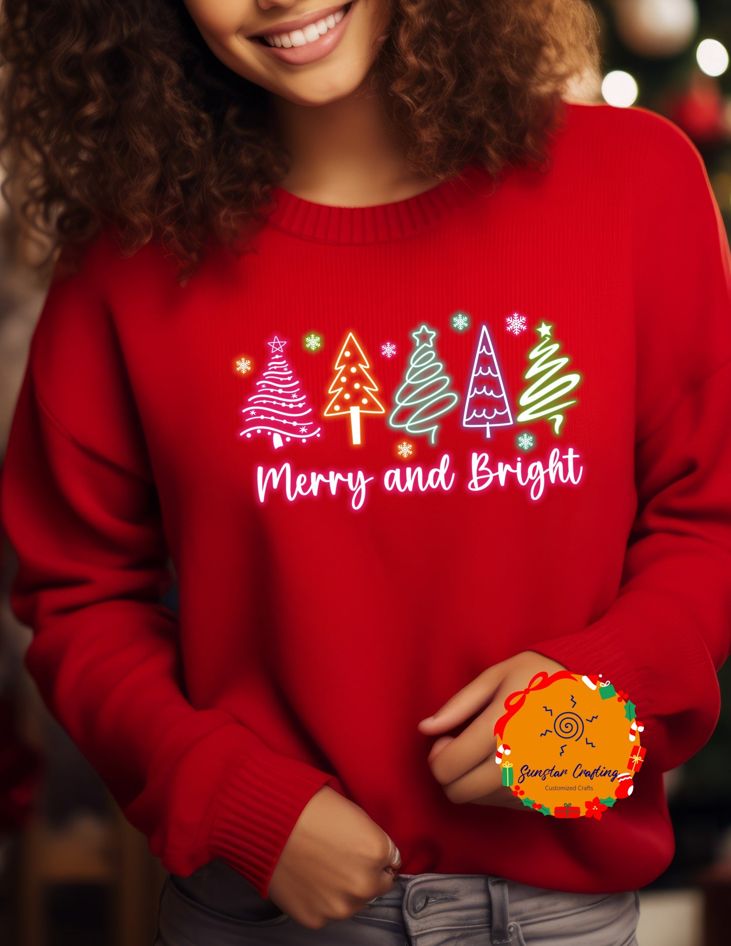 Merry and Bright - Neon Color Christmas Vibes with Different Tree Designs - Festive Tee - Matching shirt - gift exchange