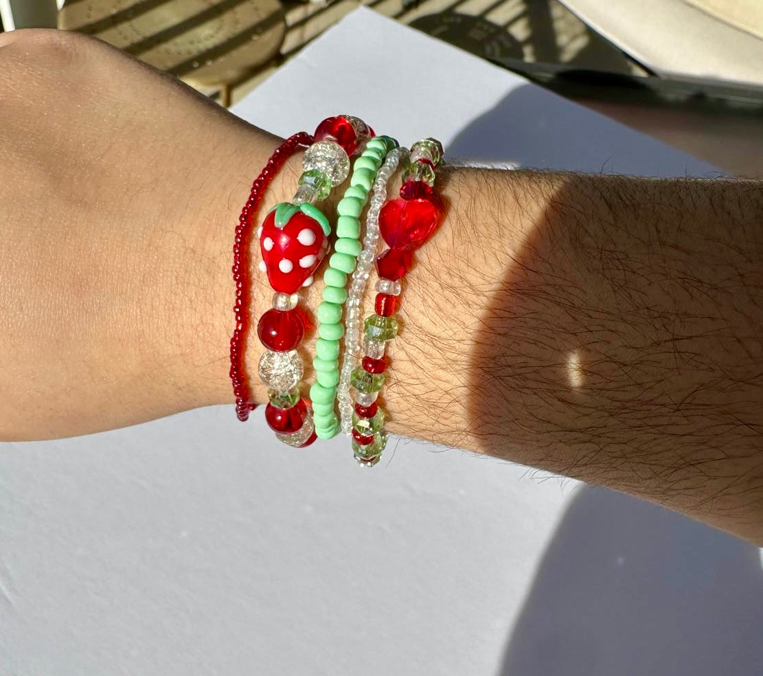 Handmade Strawberry Bracelet Set of 5 - Cute Stretch Bracelets - Fruit Jewelry - Stackable Beaded Bracelets