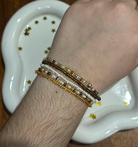 Gold and Brown Glass Beaded Bracelet Set - Handmde Stackable Bracelet - Elegant, Stackable, Stretchy and Boho - Minimalist Style