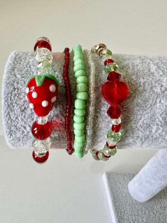 Handmade Strawberry Bracelet Set of 5 - Cute Stretch Bracelets - Fruit Jewelry - Stackable Beaded Bracelets