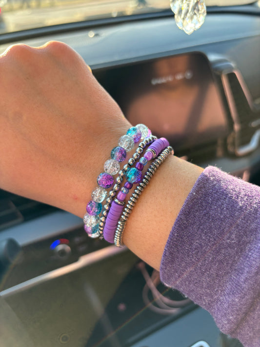 Purple & Silver Bracelet Set - Handmade Stackable Bracelets - Stretch Bracelets Stainless Steel Beads Perfect for daily wear or a gift