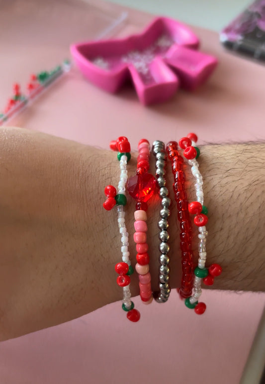 Cherry Beaded Bracelet Set - Handmade Stackable Seed Beads Bracelets - Cute Fruit Inspired Jewelry