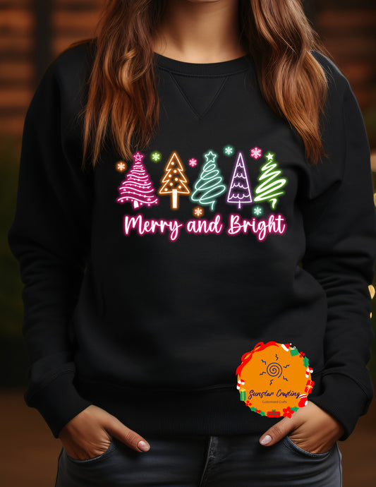 Merry and Bright - Neon Color Christmas Vibes with Different Tree Designs - Festive Tee - Matching shirt - gift exchange